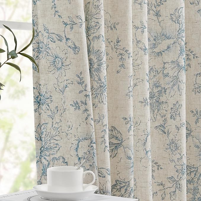 jinchan Blue Floral Linen Curtains Lined 84 Inch Vintage Back Tab 2 Panels | - Image 7