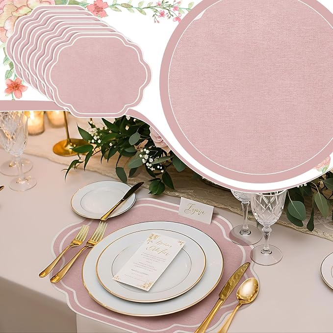 6 Pcs Pink Wedding Placemats Scalloped Embroidered Cotton Linen Placemats 17" x - Image 4