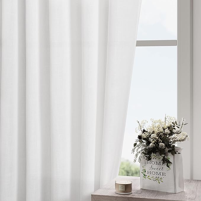 White Linen Curtains for Bedroom Thermal Insulating Back Tab Privacy Light - Image 2