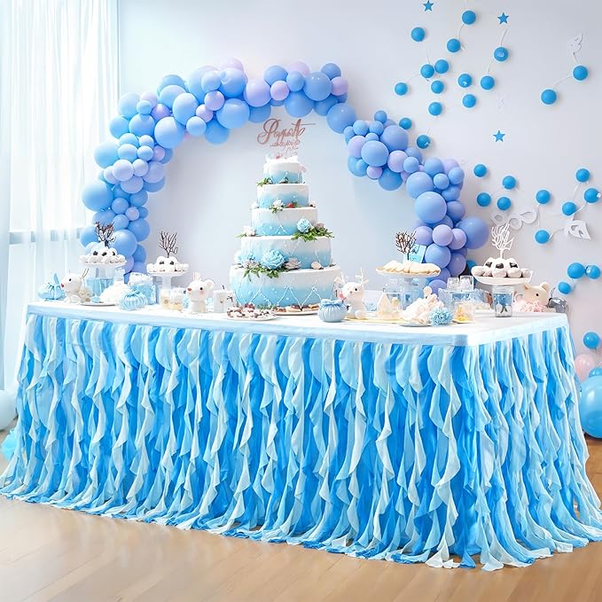 Partisky Ocean Blue Tulle Tutu Ruffle Curly Willow Table Skirt for Rectangle Table 17ft,Under The Sea Baby Shark Themed Table Cloth for Boys Girls Birthday Party or Baby Shower