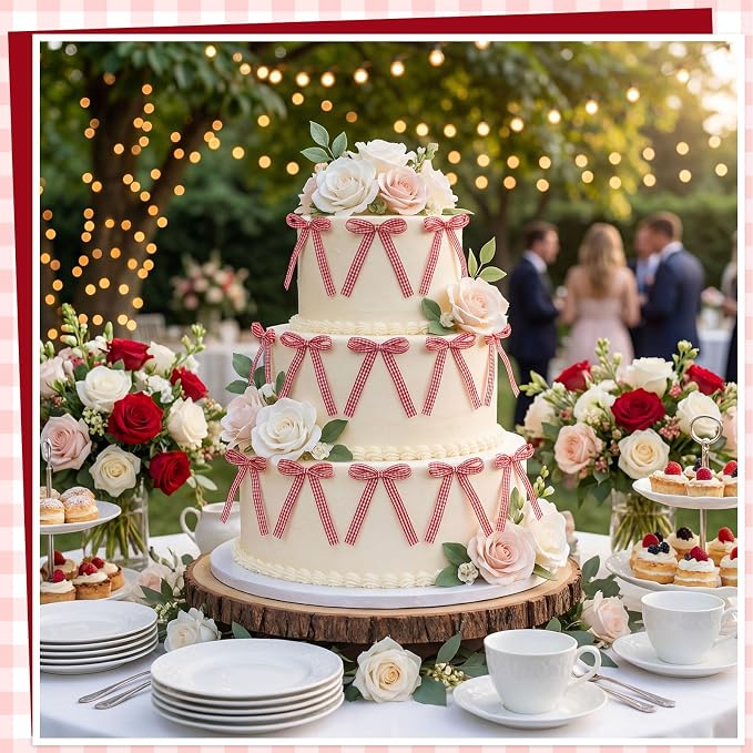 30 Pack Gingham Ribbon Bows for Cake Red Gingham Bow Cake Toppers | Plaid - Image 5