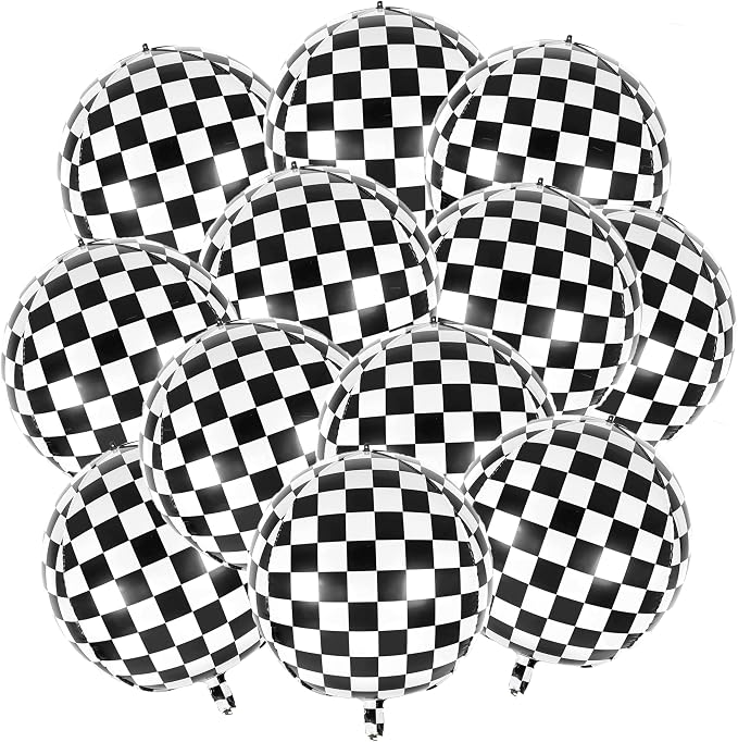 12 Pcs Checkered Balloons, 22 Inch Checkered Round Foil Balloons by AIQINHU
