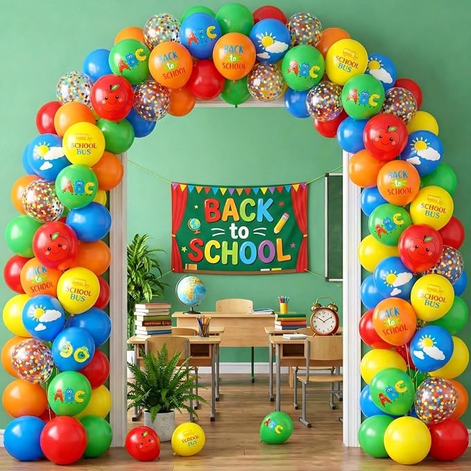 Back to School Balloons, 12 Inch Rainbow School Bus Apple ABC Printed Balloon - Image 7