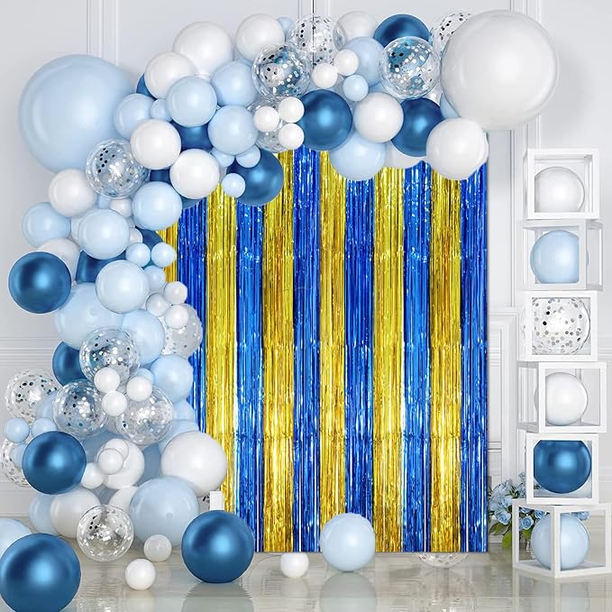 Voircoloria Blue Gold Foil Fringe Backdrop Curtains, 2 Pack | Tinsel Streamers - Image 4