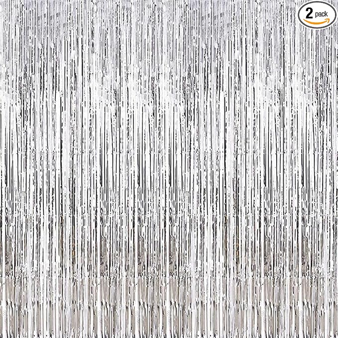 2 Pcs 3.2ft x 8.2ft Shiny Silver Metallic Tinsel Foil Fringe Curtains Photo by i-CHONY