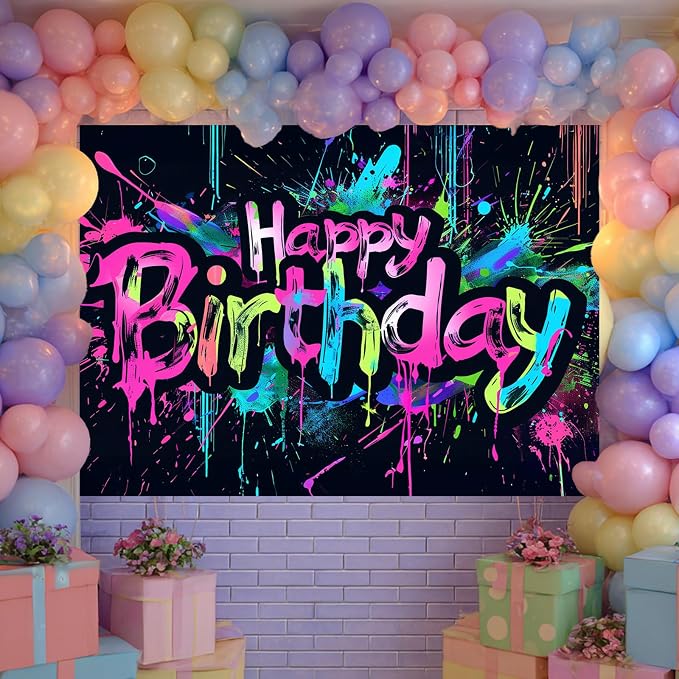 HOMETITUTE Neon Happy Birthday Backdrop 96x72 Inch | Happy Birthday Backdrop - Image 2