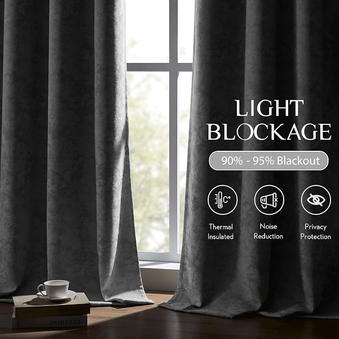 Beauoop Grey Floral Jacquard Blackout Curtains - Image 3