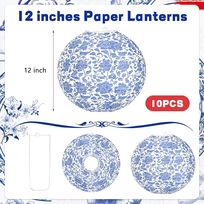 12 Inches Chinoiserie Paper Lantern Celehappy 10pcs Blue and White Porcelain - Image 2