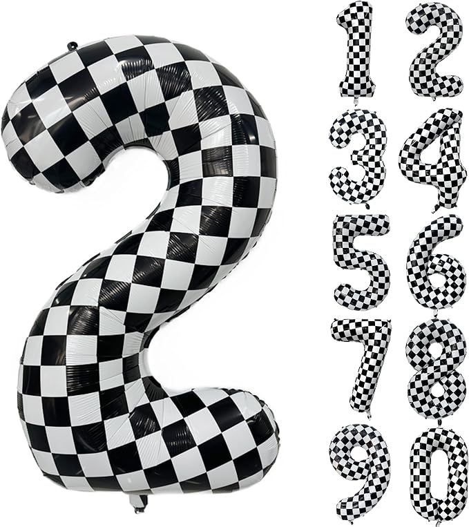 40 Inch Checkered Number Balloon 2 Black and White Number 2 Balloon Foil Helium by Yeodong