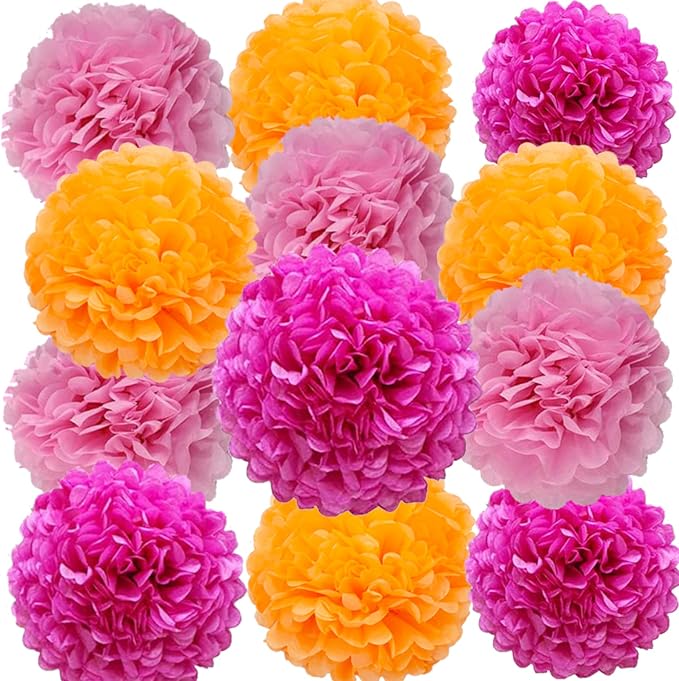 Rose Red, Light Pink and Orange Paper Pom Poms Decorations by We+Moment