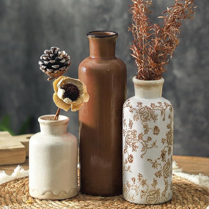 Vintage Vase Set of 3, Ceramic Vintage Flower Vases, Chinoiserie Decorative by ooit