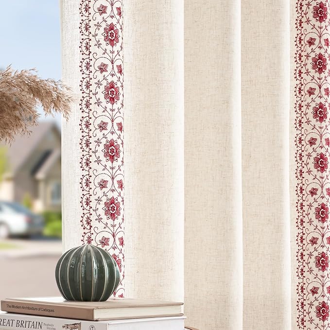 jinchan Floral Linen Curtains Embroidered Back Tab 50x96in 2 Panels Red | Light - Image 8