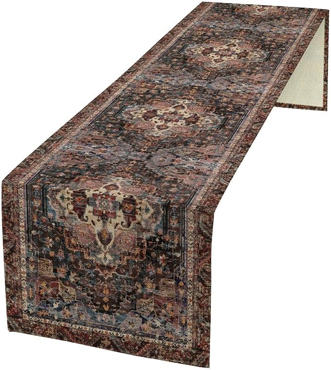 Vintage Boho Floral Table Runner, Rustic Country Farmhouse Black Bohemia Flower Pattern for Home Kitchen Table Decor Dining Coffee Room Party Decor 13x60in