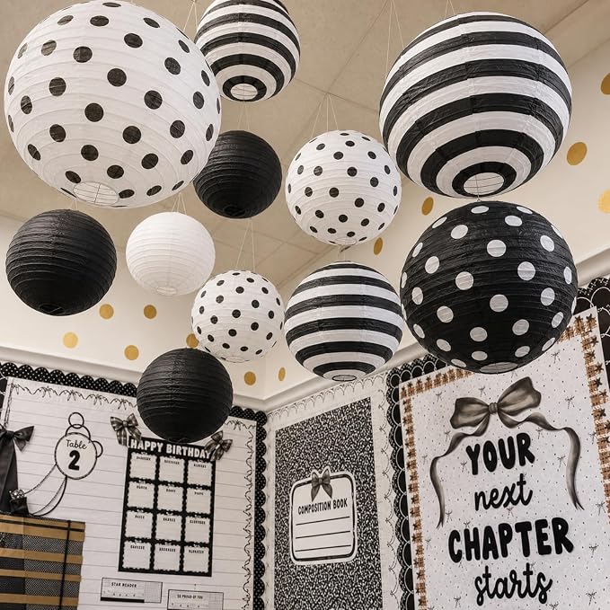 Treela 12 Pack Black and White Paper Lanterns Back to School 8" Round Hanging - Image 7