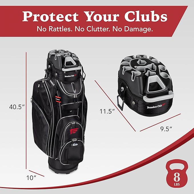 Founders Club 3rd Generation Club Lock Organizer Golf Cart Bag with 14 Way Anti Rattle Divider Top- Free Snap On Rain Hood-Full Length Dividers