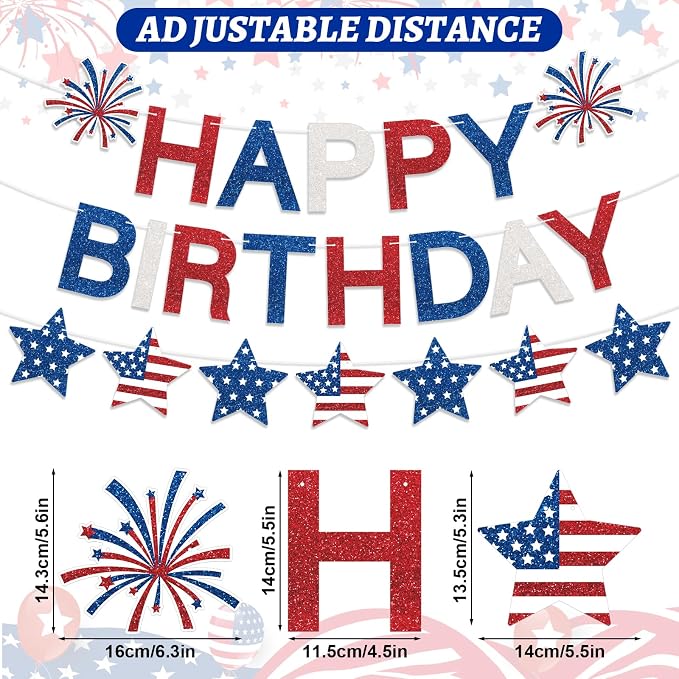 Happy Birthday Banner Patriotic Red White Blue Decorations, Glitter Happy - Image 2
