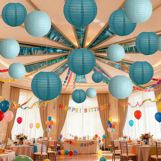 20Pcs Paper Lanterns Decorative, Teal Round Hanging Lanterns - Image 2