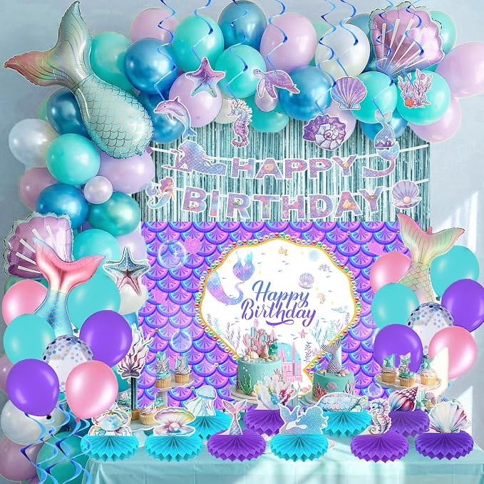 Frienda Mermaid Birthday Decorations Includes Banner, Foil & Latex Balloons by Frienda