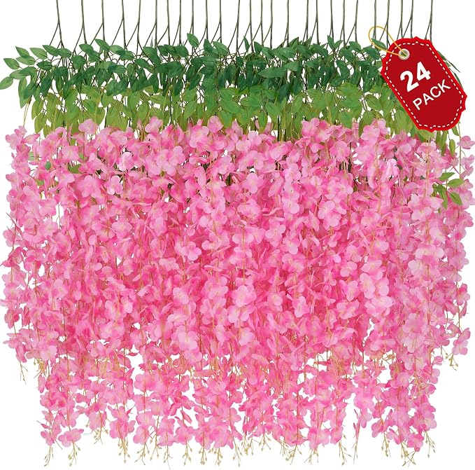 Wisteria Hanging Flowers, Fake Flowers, 24 Pack 3.6 Feet/Pcs Pink Wisteria by Waipfaru