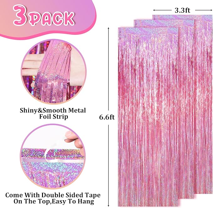 Voircoloria Laser Pink Foil Fringe Backdrop Curtains, 2 Pack | Tinsel Streamers - Image 3