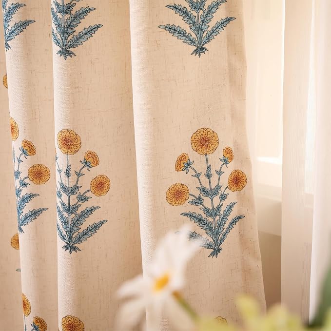 Designer Vintage Linen Printed Curtain, 2 Panels, Pale Yellow Floral Pattern - Image 8