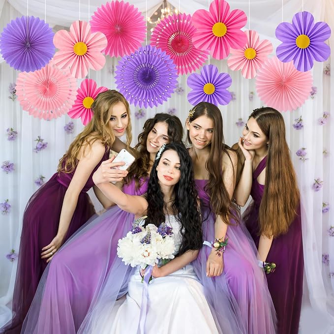 ADLKGG 12 Pcs Pink Purple Party Decorations, Paper Fans Flower Wall | Twelve - Image 3