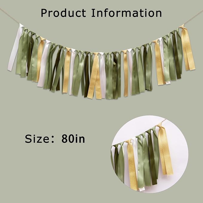 Sage Green and Gold Ribbon Tassel Garland Banner | Wild One Birthday Party - Image 2