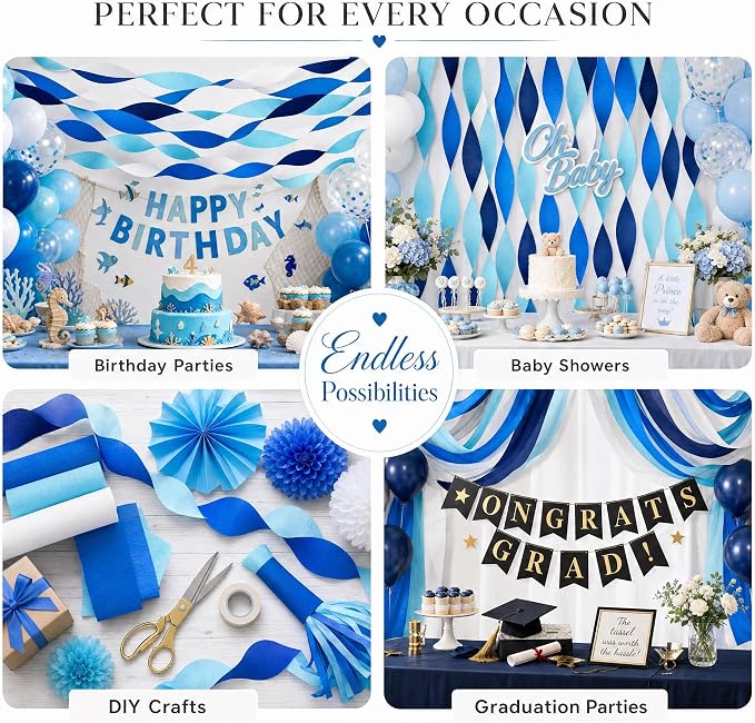 8 Blue and White Streamers, 656ft Pack of Crepe Paper Party Decorations | Each - Image 5