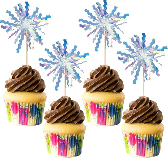 Gyufise 30Pcs Foil Firework Cupcake Toppers Happy Birthday Cake Toppers Tinsel by Gyufise