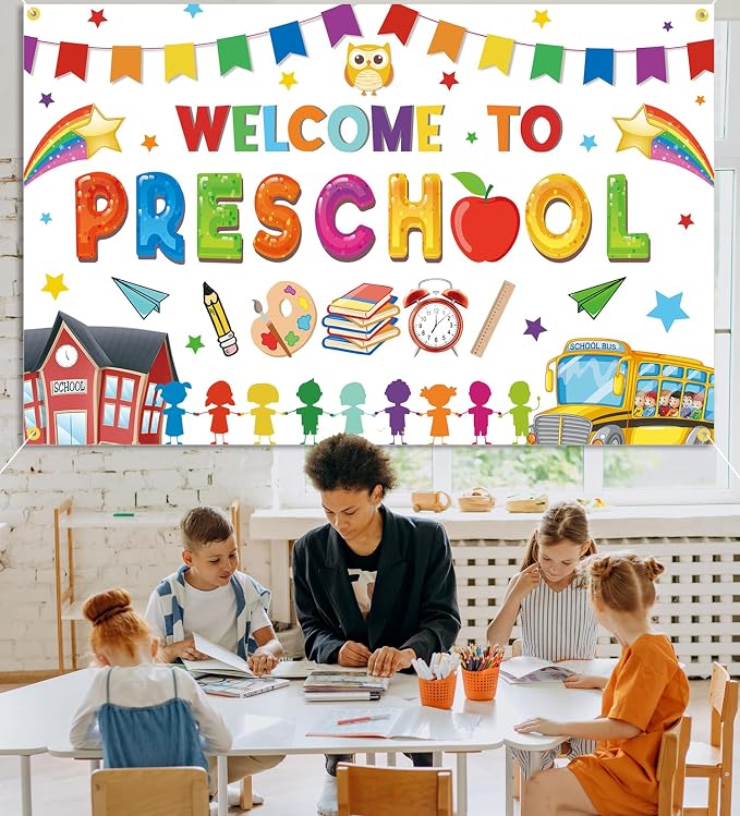 Welcome to Preschool Backdrop Banner First Day of School Party Decorations | - Image 7