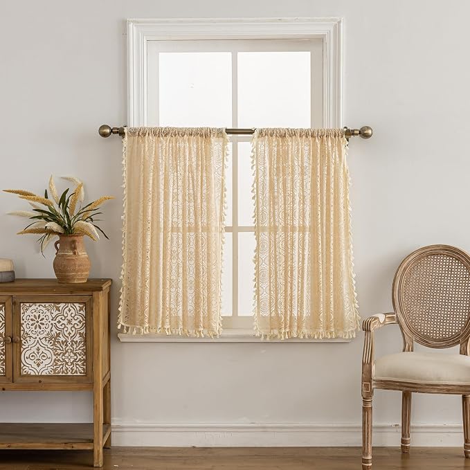 YJ YANJUN Boho Lace Curtains 30 inch Length 2 Panels, Vintage Floral Crochet by YJYANJUN