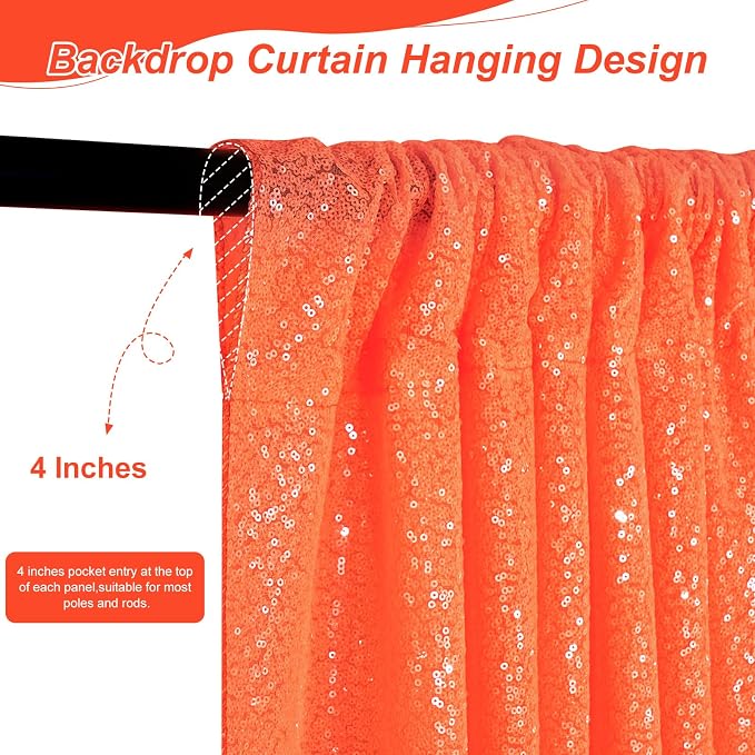 Orange Glitter Sequin Backdrop Curtains 2 Pcs 5FTx10FT Baby Shower Party - Image 3