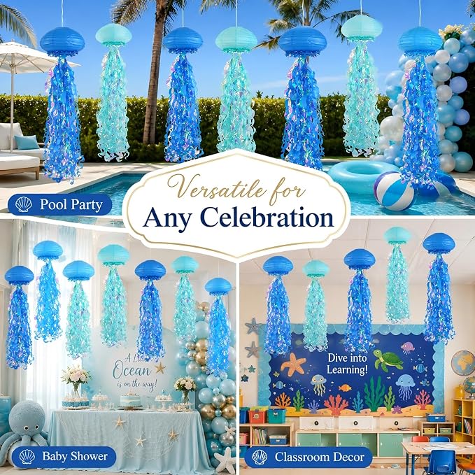 10-Inch Jellyfish Paper Lanterns, Under the Sea Party Decorations | 6-Pack Blue - Image 2