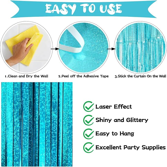 Blue Tinsel Foil Fringe Curtain Backdrop, 3.3 x 8.2 ft Metallic Glitter Curtain - Image 4