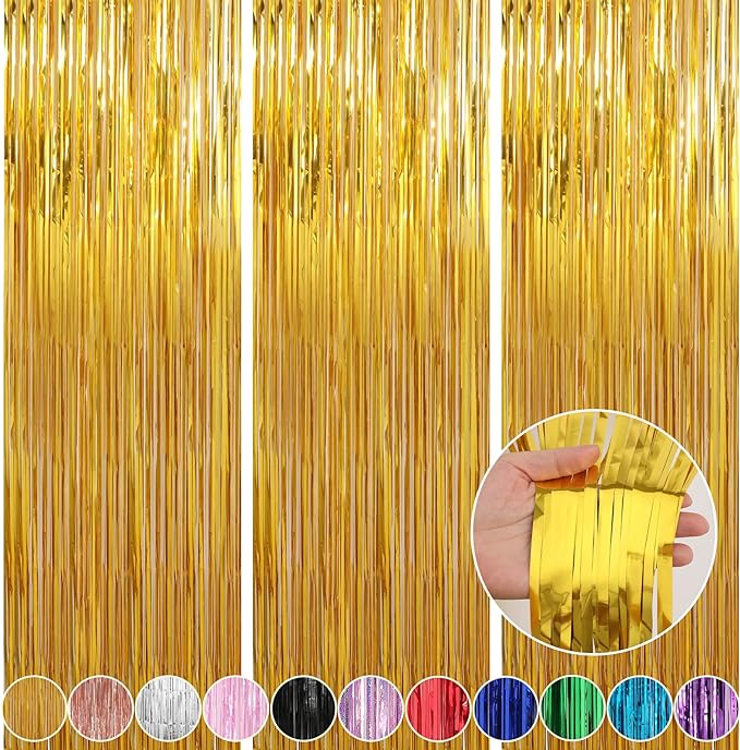 3 Pack 3.3 x 9.9 ft Gold Foil Fringe Curtains Streamers Party Decorations | by Crosize