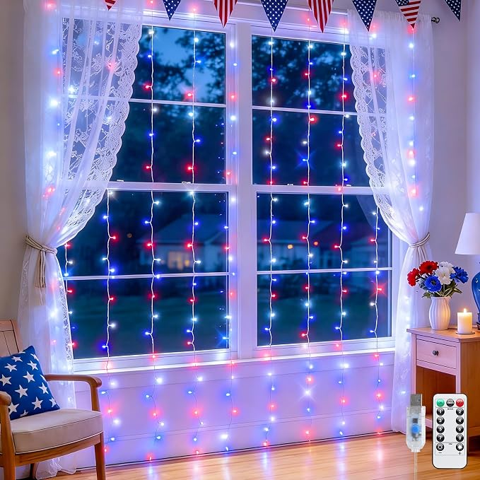 JMEXSUSS 200 LED Red White and Blue Curtain Lights, 6.5ft x 6.5ft | 4th of July by JMEXSUSS