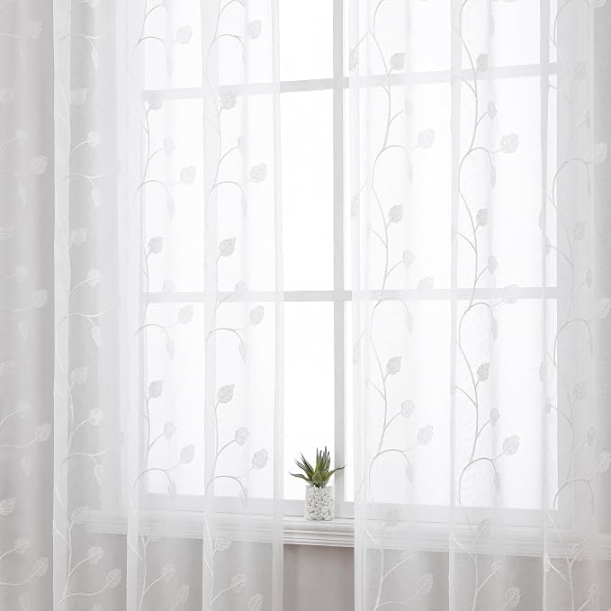 White Sheer Curtains Decorative Embroidered Leaf 54 Inches Long | Light - Image 3