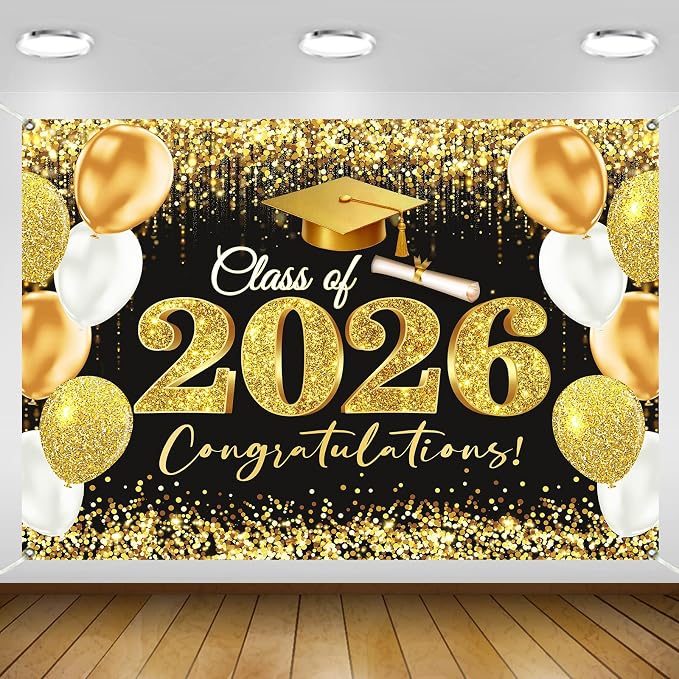 Gold Black Graduation Backdrop Decorations 2026 7x5ft Class of 2026 by Retyshiaphoto