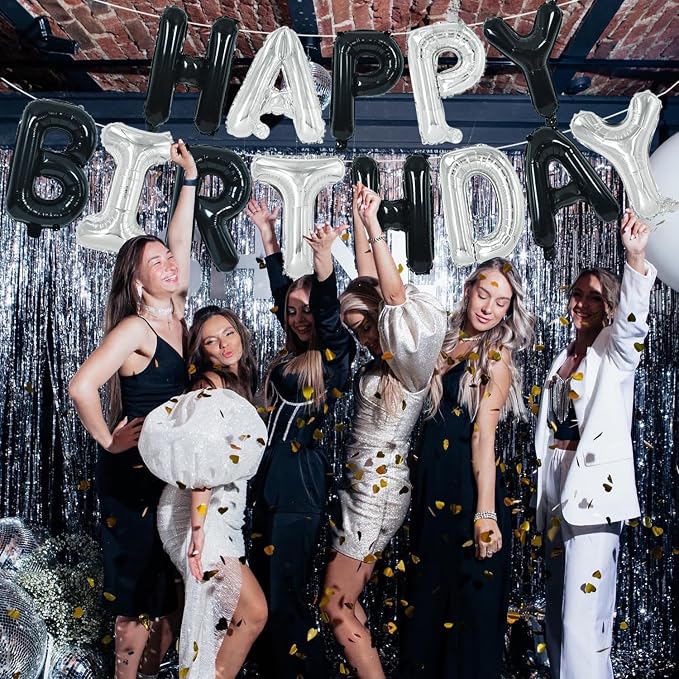 TONIFUL 16 Inch Black Silver Happy Birthday Balloon Banner Decor - Image 5