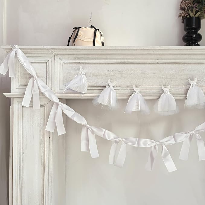 2Pcs Bridal Shower Banner Wedding Dress & Pre-Assembly White Ribbon Bow Garland - Image 3