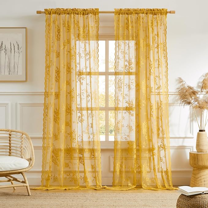 Earth Yellow Lace Curtains 45 Inch Length 2 Panels Set Country Flower Sheer - Image 2
