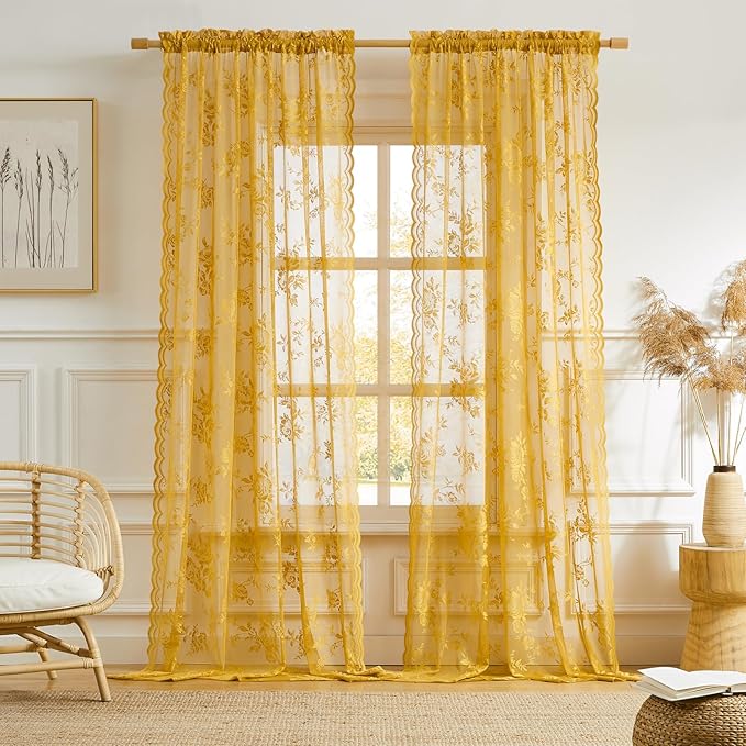 Yellow Lace Curtains 72 Inch Length 2 Panels Set Country Golden Flower Sheer - Image 2
