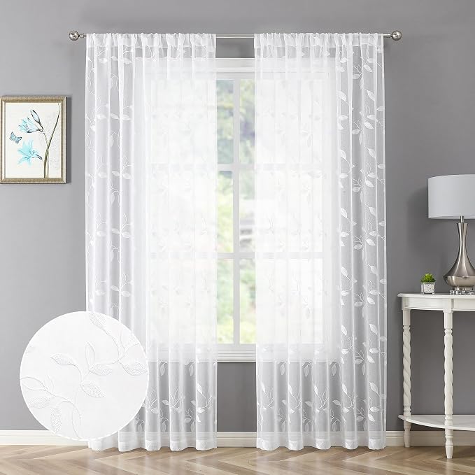 Tollpiz White Leaf Sheer Curtains Bedroom 54 x 84 Inches | Leaves Embroidered by Tollpiz