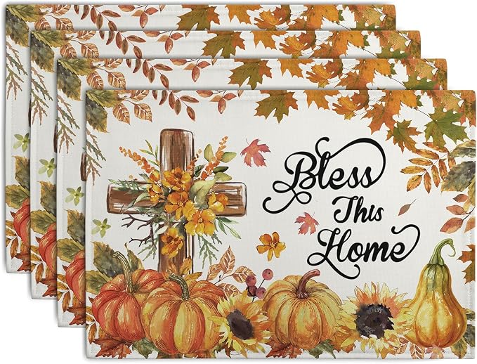 Fall Cross Pumpkin Placemats Set of 4 Autumn Thanksgiving Harvest Sunflower by Wnoesat