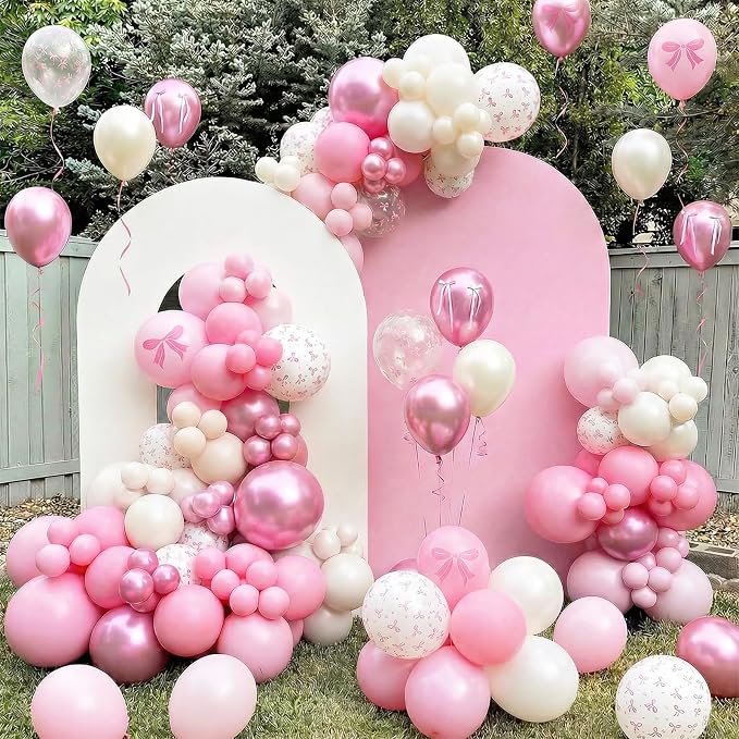 Pink Bow Balloons, 12 Inch Pastel Pink White Bow Printed Balloons - Image 5