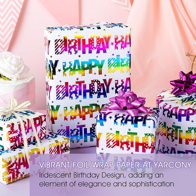 Yarcony Birthday Wrapping Paper Roll, Gift Wrapping Paper, Colorful Foil Girl Happy Birthday Gift Wrap Rainbow Present Paper for Kids Boys Girls, Holiday,Party,Baby Shower(17 Inch X 33 Feet)