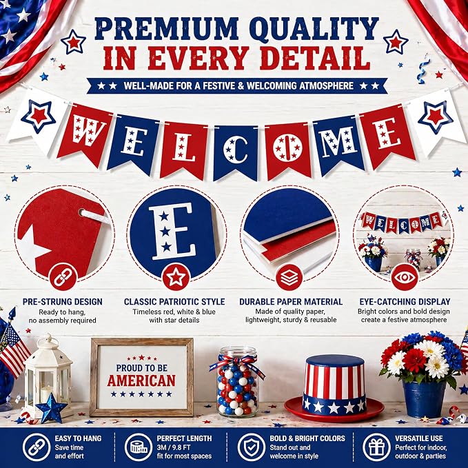Patriotic Welcome Banner for 4th of July Decorations | Welcome Decorations for - Image 3