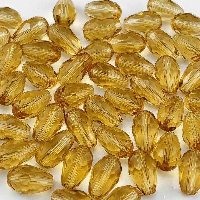 50pcs 10x15mm Teardrop Crystal Glass Beads for Jewelry Making, Faceted Vertical Hole Teardrop Glass Spacer Beads for Wind Chimes Bracelet Earring Necklace DIY Craft(Gold Champagne)