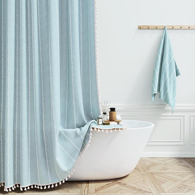 72x96 Extra Long Boho Linen Heavy Duty Shower Curtain Set, Fog Blue | Extra by ShowerCurtain