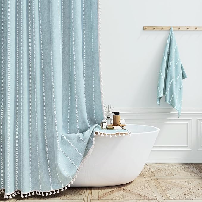 Small Boho Linen Heavy Duty Cloth Shower Curtain Set, Fog Blue | Stall Size by ShowerCurtain